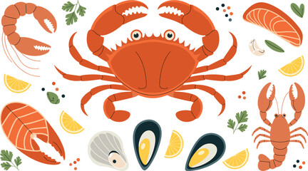Seafood, crab, shrimp, lobster, mussels, clam, salmon, garlic, lemon, parsley, peppercorns, seafood illustration, seafood art, seafood design, seafood clipart, seafood vector, seafood garnish
