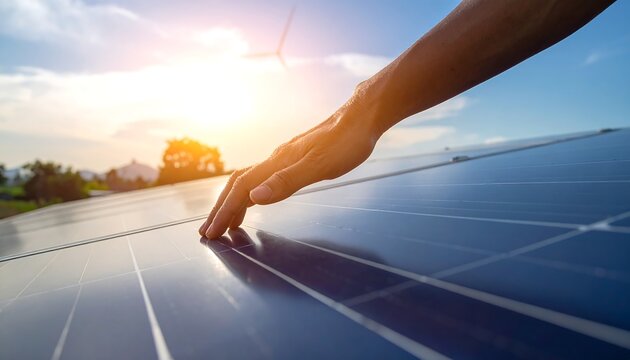 A human hand gently touches a solar panel under a bright sun, suggesting green energy and sustainability. The background shows a wind turbine