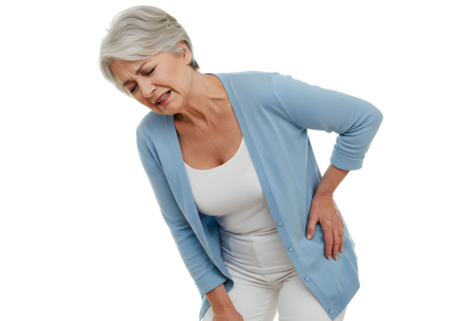Elderly woman with back pain, hip pain, and knee pain, experiencing discomfort