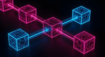 Abstract Blockchain Network of Glowing Cubes on a Dark Background