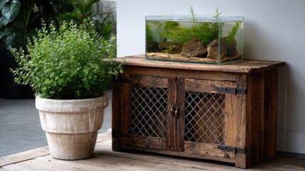 Welcoming cabinet features glass doors and mesh screens, perfect for small pets, set against a minimalist white wall