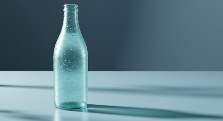 Transparent glass bottle with water droplets on a table surface  