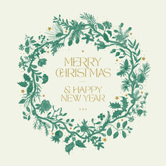 Winter flora. Vintage wavy circle wreath. Merry Christmas and Happy New Year. Greeting floral card. Emerald ang gold