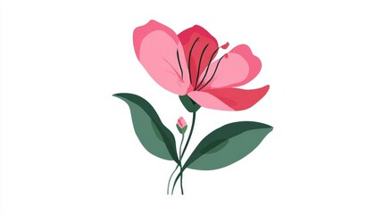 Obraz premium Illustration of a pink flower with green leaves on a white background.