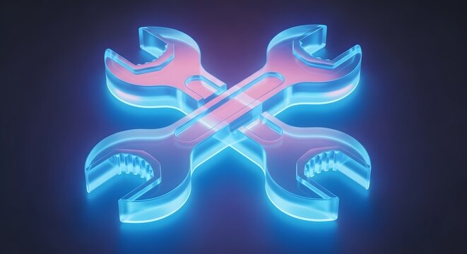 Two crossed wrenches with a glowing blue and pink outline on a dark background illustration