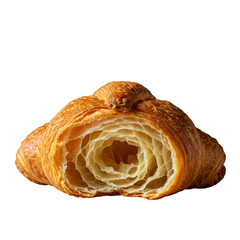 Freshly baked artisanal croissant, golden-brown and torn, revealing moist, flaky layers, subtle steam, crumbs on transparent background, macro studio shot. Concept of culinary perfection