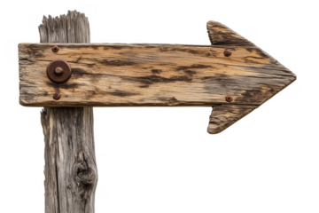 Rustic wooden arrow directional sign showing an indication on a transparent background