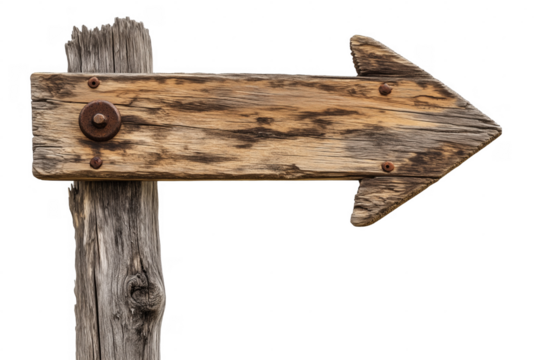 Rustic wooden arrow directional sign showing an indication on a transparent background