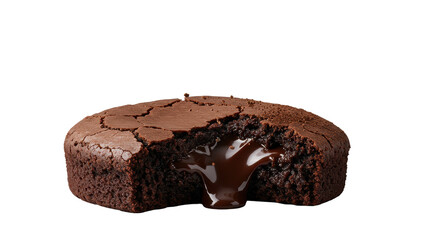 Hyperrealistic macro of dark chocolate brownie mid-tear, revealing gooey molten ganache and suspended cocoa crumbs, isolated on transparent background, decadent indulgence