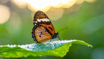 Obraz premium Butterfly on dewy leaf