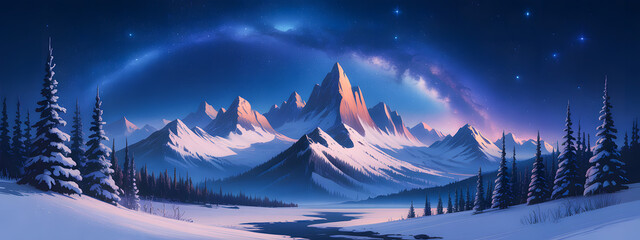 Majestic snow-covered mountains under starry night sky with glowing aurora and pine trees in tranquil winter landscape
