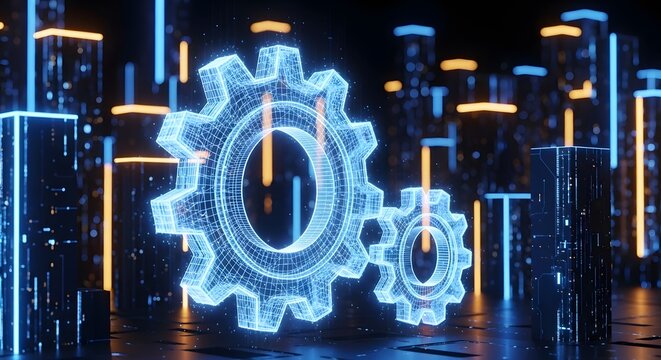 Two glowing blue wireframe gears with a futuristic city background with blue and orange lights