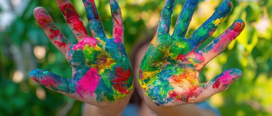 The colorful hands of a child expressing creativity through vibrant painting.