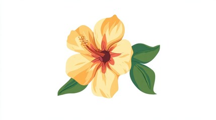 Fototapeta premium A detailed illustration of a yellow hibiscus flower with green leaves, isolated on white.