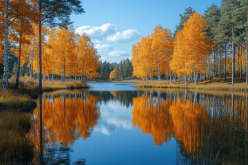 Obraz premium Trees with yellow leaves surrounding a serene lake.