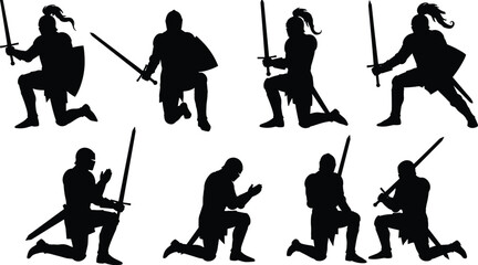 A collection of silhouettes of medieval knights or warriors in various poses, with swords and a banner, on a white background.