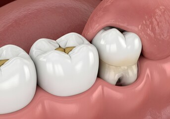 Close up of teeth with a partially erupted wisdom tooth and fillings in the other teeth visible