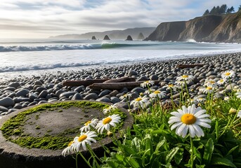 Daisies bloom on a rocky beach with ocean waves and cliffs in the background view