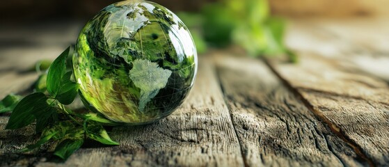 The Glass Globe Showcasing a Lush Green Planet on Rustic Wood