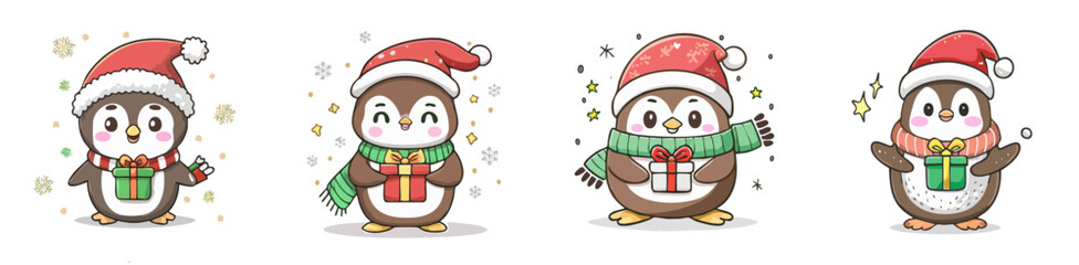 Cute Christmas Penguin Vector Set — Adorable Holiday Penguins with Santa Hats, Scarves, and Gift Boxes