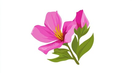 Fototapeta premium Vibrant pink flower with a yellow center and a budding flower on a green stem, illustrated against a white background.