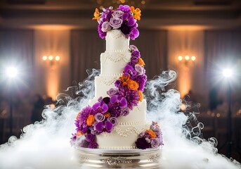 Elegant wedding cake adorned with vibrant floral arrangements and mystical dry ice effect