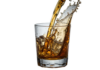 Ultra close-up macro of amber whiskey splashing into a faceted crystal glass with ice and condensation, poured from a bottle, on a gray background, dramatic rim lighting. Concept of luxury beverage