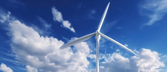 The majestic wind turbine spinning against a vibrant blue sky with clouds.