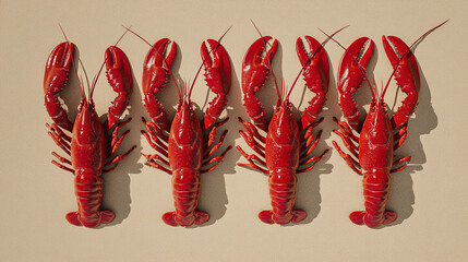 A symmetrical arrangement of four vibrant red lobsters on a light surface