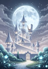 Fantasy castle under moonlight with glowing flowers and stars in the night sky scene