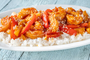 Sweet sour prawns with pineapple bell peppers onions served with rice