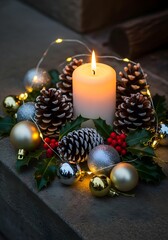 Festive candle centerpiece with pine cones and ornaments creates a warm atmosphere