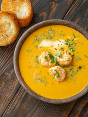 Rustic shrimp bisque with toasted baguette slices beside clay bowl