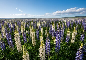 Field of lupine flowers under a bright blue sky with scattered clouds on a sunny day is shown