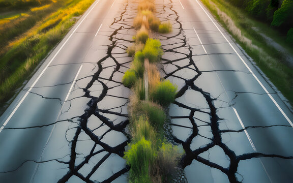 Abandoned cracked highway with overgrown grass and deep fractures symbolizing decay, nature reclaiming urban infrastructure