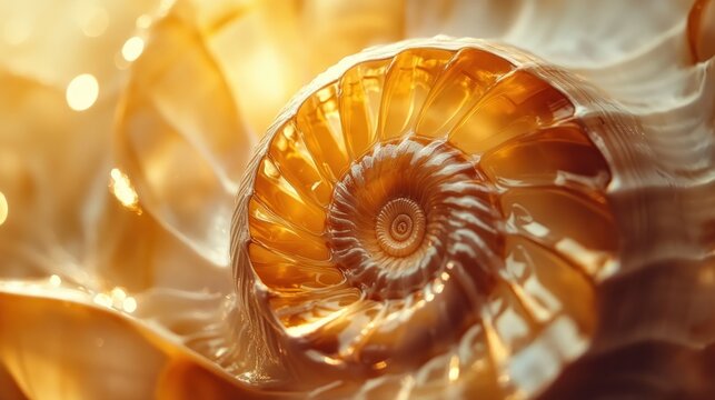Golden ammonite fossil spiral shell macro photography nature background