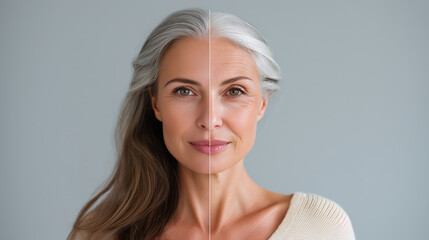 Realistic split portrait of female face demonstrating transition from youthful glowing skin to mature aged skin, concept of beauty evolution, aging awareness, and cosmetic skincare