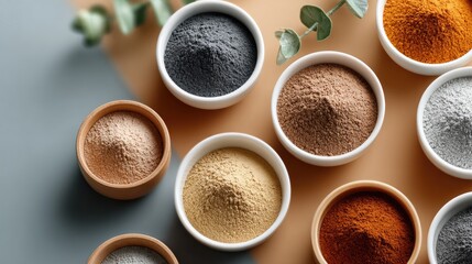 A close-up arrangement of eye shadow powders in different shades on a neutral surface, showcasing a harmonious color palette and texture.