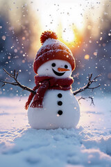 Cheerful snowman with red hat and scarf stands in snowy landscape with falling snowflakes and warm sunset glow. Magical winter scene. Generative AI.