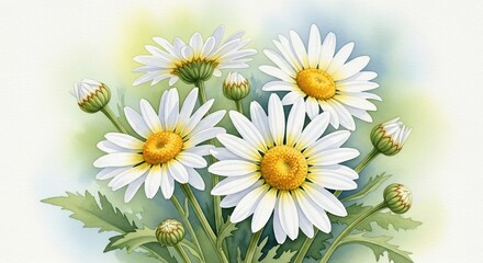 Fototapeta premium Pure Daisy: A cluster of delicate daisies with radiant white petals and golden centers blooms against a gentle background, capturing the essence of nature's simplicity and elegance.