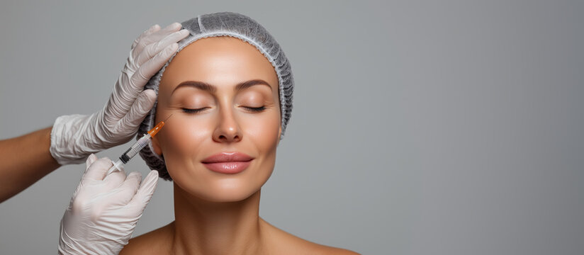 Realistic photo of cosmetologist giving aesthetic injection to relaxed young woman, anti-aging cosmetic procedure in modern beauty clinic, concept of skin care and rejuvenation bea
