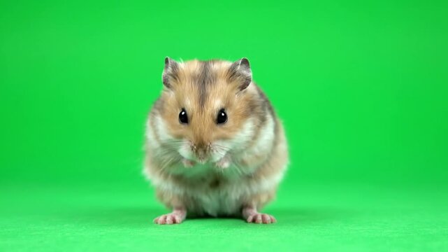 A charming little Djungarian hamster sits on a solid green screen background, looking directly at the camera with curiosity. 0923(15)