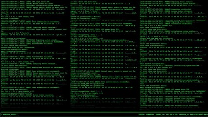 Classic hacker terminal animation. Columns of glowing green code and data scroll endlessly on a black screen. Features a status bar and a blinking cursor. Perfect for coding or cybersecurity concepts. - Powered by Adobe