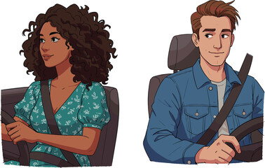 Man and woman driving car with seatbelt, safe transportation concept, modern vehicle travel, road safety awareness, commuting couple lifestyle, car journey illustration