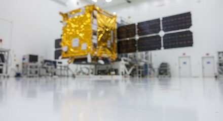 Mockup a satellite with solar panels is being assembled in a clean room for commercial usage