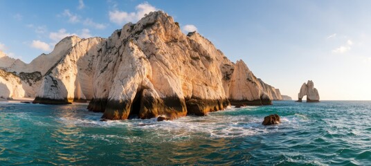 Ocean waves crash against rocky cliffs coastal landscape scenic view