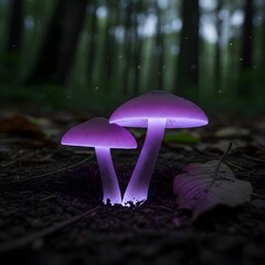 Glowing mushrooms in the forest at night with purple light making a magical scene appear