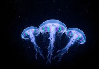 Glowing jellyfish in the dark ocean depths with colorful bioluminescent patterns and shapes