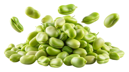 A generous pile of fresh green broad beans scattered and floating isolated on transparent background