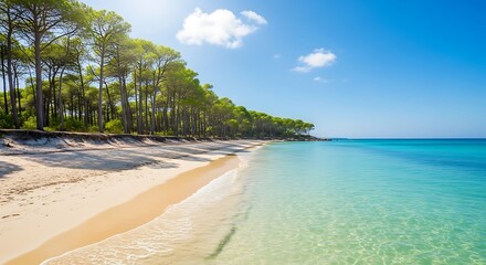Beautiful Sunny Beach with Pine Trees.